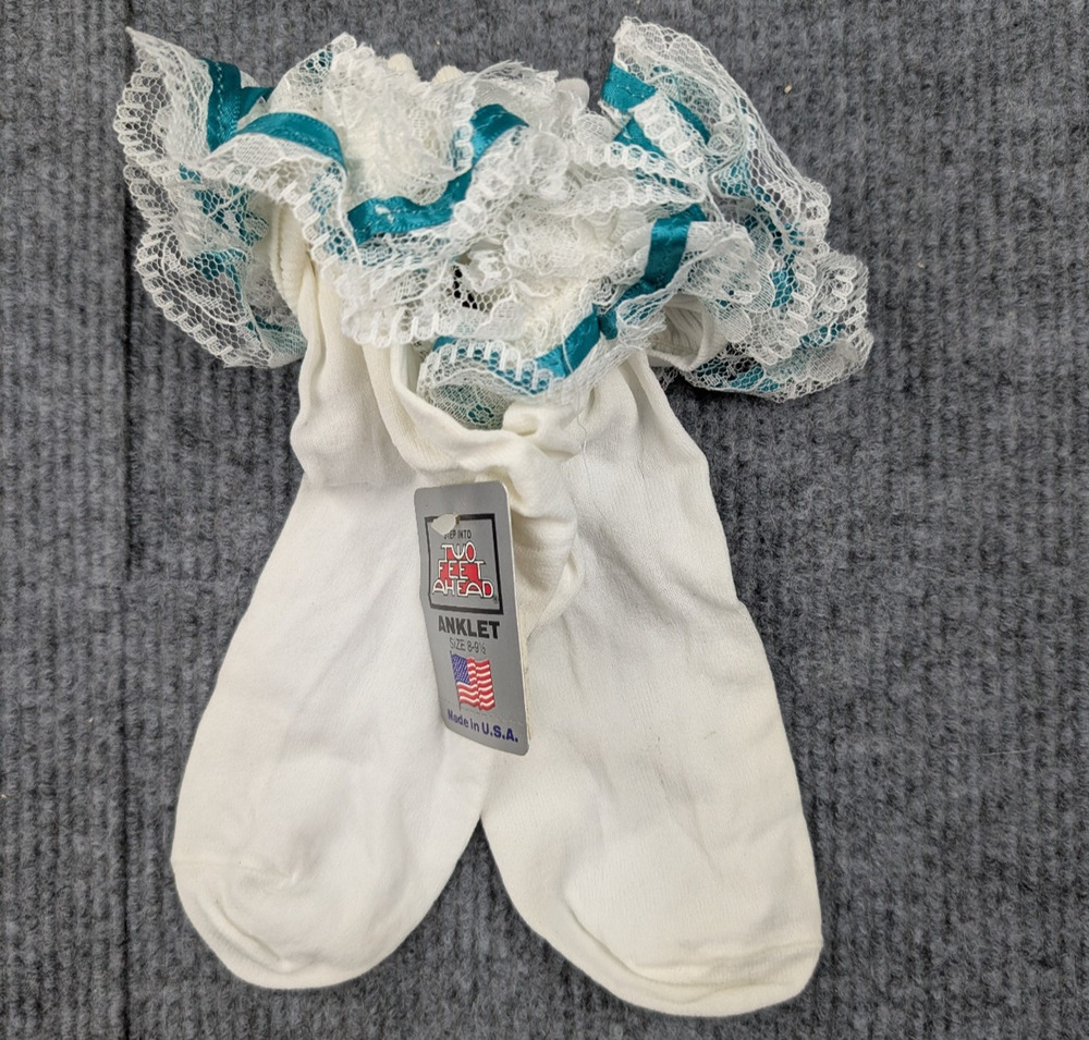 Vintage Nylon Socks Womens 8-9.5 Coquette Cream Teal Frilly Church Event Glam